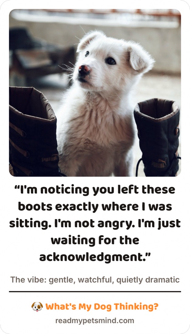 Share card: a white puppy sitting between a pair of boots. Caption reads, I'm noticing you left these boots exactly where I was sitting. I'm not angry. I'm just waiting for the acknowledgment.