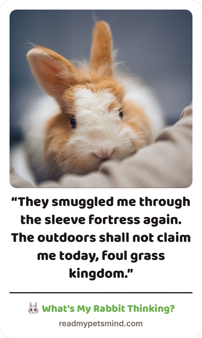 Share card: a ginger and white rabbit held in someone's arms. Caption reads, They smuggled me through the sleeve fortress again. The outdoors shall not claim me today, foul grass kingdom.