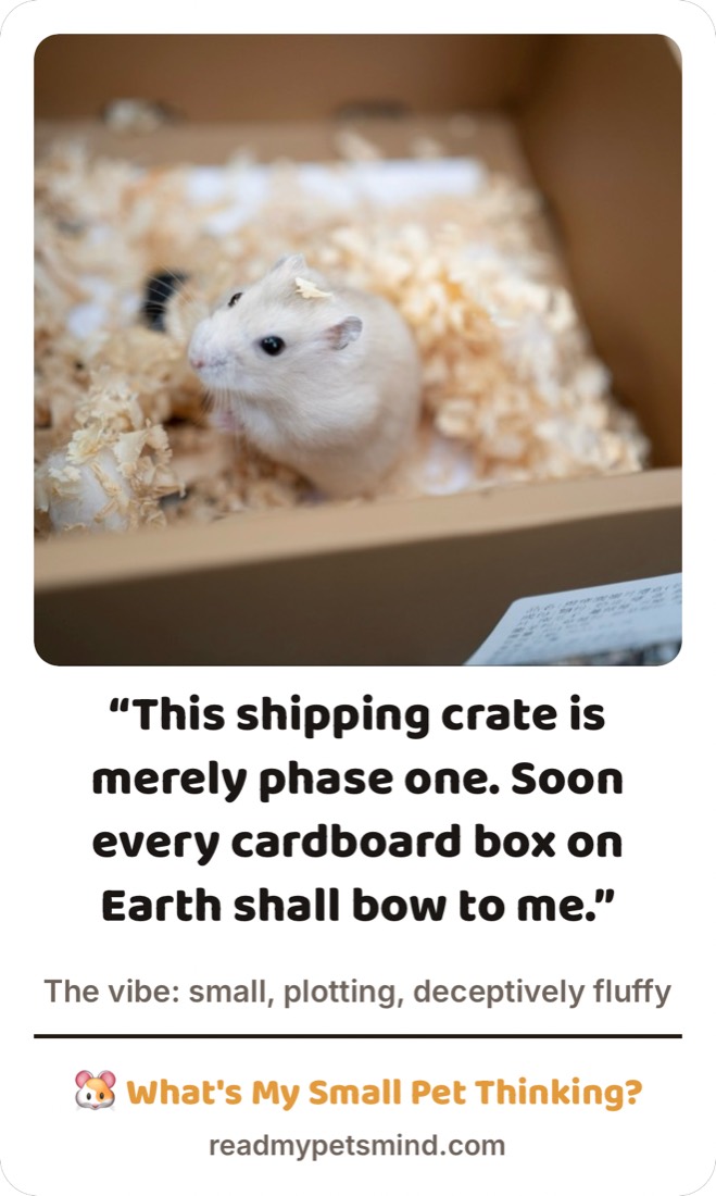 A small fluffy pet photographed close up, captioned by the app.
